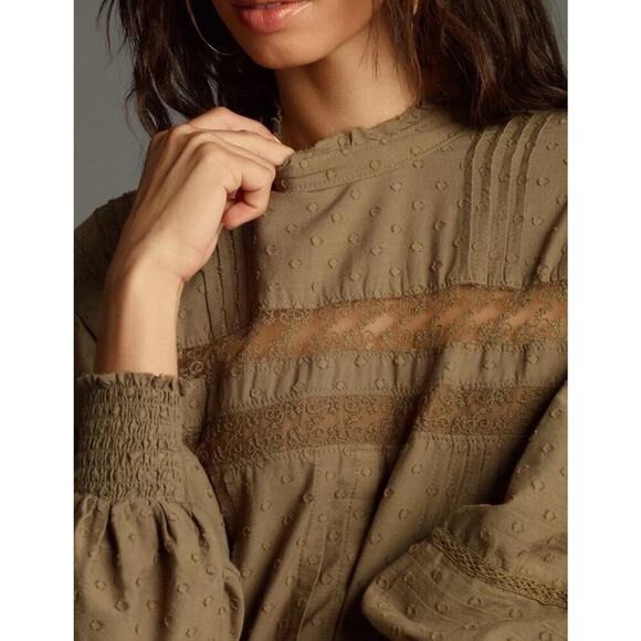 Anthropologie Babydoll Dress Large Balloon Sleeves Swiss Dot Green Boho Cottage - Picture 5 of 16